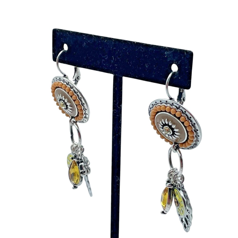 Tribal Celestial Charms Style Silver Tone Amber Dangle Drop Pierced Earrings - Picture 13 of 16